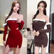   聖誕女裝年會抹胸毛毛時尚聖誕節露腰酒紅色包臀性感連衣裙 洋裝 正韓 禮服 連身裙 包臀裙