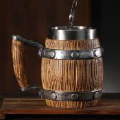 臺灣現貨跨境新品德國大容量木桶啤酒杯個性仿木手工不銹鋼酒杯酒吧特色杯
