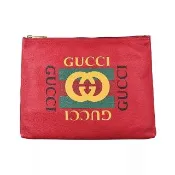 【GUCCI 古馳】GUCCI經典綠紅綠印花LOGO荔枝紋設計牛皮手拿化妝包(紅)