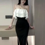 黑白拼接荷葉抹胸長洋裝 平口收腰開叉禮服裙 晚宴約會派對修身包臀洋裝大尺碼