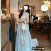 huangjinlang 【法式甜妹】掛脖連衣裙 蝴蝶結洋裝 度假風長裙 仙女裙 顯瘦洋裝 夏季新款 氣質超仙 露背設計 輕薄透氣 約會出遊必備