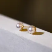 【海斯珠寶】日月星辰系列 鑽石群鑲 日本極光 5-7mm Akoya 天然海水珍珠 18K金 耳釘 防過敏設計