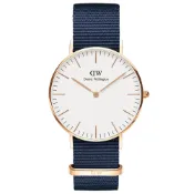 (店+)【Daniel Wellington】 貝斯沃特午夜藍NATO錶帶石英腕錶-金框/36mm(DW00100279)~送精美項鍊+精緻手鐲