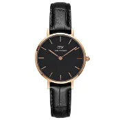 Daniel Wellington 雷丁學院風黑色壓紋皮帶石英腕錶-金框/28mm(DW00100223)