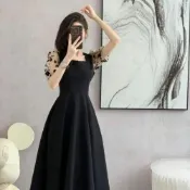  (店+)洋裝女夏天連身裙大尺碼短袖休閒顯瘦收腰時尚氣質黑色寬鬆質感運動修身媽媽直筒高腰宴會婚宴優雅韓版長洋裝禮服連身裙子女裝上衣