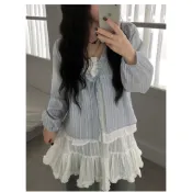 94079 花邊假兩件條紋寬鬆長袖襯衫