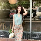 掛脖飄帶V領上衣+豹紋緞面裙子 綠色背心女 高腰暈染豹紋魚尾裙 氣質套裝女 溫柔風度假穿搭 雪紡上衣 無袖襯衫夏天套裝