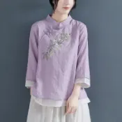 棉麻假兩件上衣|春夏季復古風上衣|女高檔文藝小清新上衣|立領棉麻襯衫|復古盤扣套頭上衣|七分袖繡花上衣|韓版顯瘦上衣