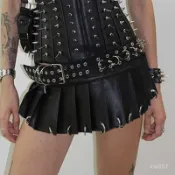 闇黑朋克風金屬環扣一片式魔術貼皮革百褶裙辣妹搖滾百搭A字半裙 女生衣著 新款女裝 NANA Studio💕