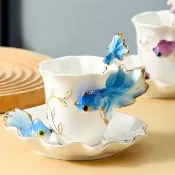骨瓷 金魚 浮雕 手繪 馬克杯 咖啡杯 禮物 伴手禮 結婚 實用 高顏值 陶瓷 茶杯 藝術茶具