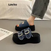 Lovito 休閒復古撞色搭扣韓版時尚坡跟鞋 厚底設計 增高效果 女士款 LFA72243