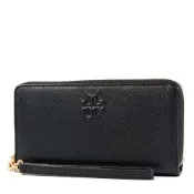TORY BURCH THEA 浮雕LOGO荔枝紋拉鍊長夾-黑色/附活動卡夾