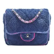 CHANEL 經典雙C LOGO毛巾布紮染撞色滾邊炫彩鏈帶肩背/斜背包(藍色)