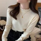 La Belleza立領半高領荷葉邊坑條包芯紗針織內搭彈性打底上衣