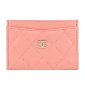 CHANEL 經典雙C LOGO菱格紋小羊皮卡片夾(蜜桃粉)
