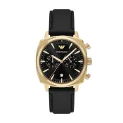 【EMPORIO ARMANI】經典雙眼計時皮帶腕錶-金X黑(AR11690)