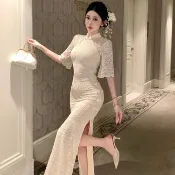 法式聚會派對性感米白色蕾絲長裙女裝顯瘦彈性圓領短袖中長款魚尾洋裝