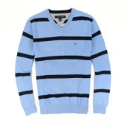美國百分百【全新真品】Tommy Hilfiger 針織衫 TH 線衫 棉質毛衣 淺藍 條紋 V領 純棉 免運 男 S號 B615