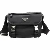PRADA 普拉達 Re-Nylon 三角牌雙釦尼龍防刮皮邊肩背郵差包(黑色)