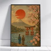 富士山鳥居櫻花紅日日本復古藝術數位海報