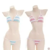 EF大美人-223促銷?性感青春少女學生而刺綁帶三點式襪帶比基尼~粉黑藍白粗條紋S-XXXL路添是級權抬