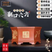 H宜興紫砂飄口六方行花盆特大號六角透氣盆栽榕樹老樁陶瓷盆景盆👍