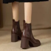 🔥DK免運 馬丁靴 短靴 女鞋 高跟靴 靴子 厚底靴 中筒靴 閉眼入真皮棕色爆款V口7.5CM粗高跟切爾西厚底馬丁靴女