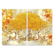 【24mama 掛畫】二聯式 油畫布 玉石 黃金 動物 羚羊 花朵 角 無框畫-40x60cm(東方金錢樹)