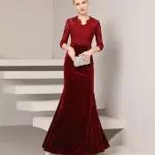 【女神婚紗禮服】優雅蕾絲拼接絨布V領七分袖修身墜地魚尾長裙晚禮服GLW1712#酒紅色(優雅媽媽宴客 拉鍊款)