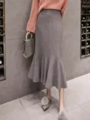 銀聯網日用品生活館 針織半身裙女秋冬女中長款包臀魚尾裙百搭遮胯裙子顯瘦冬天配毛衣1入