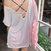 大尺碼短袖 涼感上衣 冰絲短袖 大碼女裝 洋裝 女裝 大碼輕薄露背微透長袖T恤防曬罩衫寬鬆針織衫後背鏤空託脖v領上衣