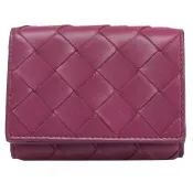 【BOTTEGA VENETA 寶緹嘉】經典手工編織小牛皮扣式雙面三折零錢短夾(桃紫)