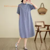 台灣發貨免運📣2024年夏新款棉麻藝文復古寬鬆日系格子襯衫休閒大擺洋裝女