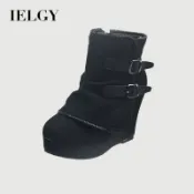 IELGY 金屬扣設計時尚舒適灰色女式坡跟靴