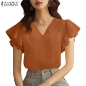 Zanzea 女韓版氣質V領荷葉邊袖純色上衣