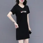  (店+)洋裝女生連身白色大尺碼短袖休閒顯瘦收腰時尚氣質V領寬鬆質感夏天運動修身媽媽直筒高腰宴會優雅韓版長洋裝禮服連身裙子女裝上衣