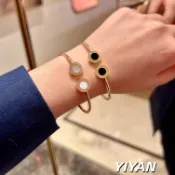 YIYAN飾品 BV手環 V金材質 鑲鑽開口手鐲 圓形手鐲 扇形手鐲 簡單百搭 情人節禮物