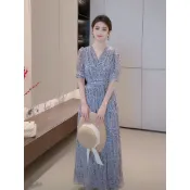 夏季連衣裙 青花瓷印花 收腰顯瘦 不規則裙擺 氣質長裙 女裝 2025新款 優雅洋裝