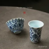 【青花瓷纏枝蓮聞香品茗杯】 青花瓷纏枝蓮聞香品茗杯 主人杯 聞香杯 品茗杯 壓手杯 陶瓷茶杯 功夫茶杯 功夫茶具套裝茶杯