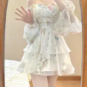 蓬蓬洋裝 傘擺蓬裙洋裝 圓裙洋裝 澎澎洋裝 娃娃款 洛麗塔風 雪紡碎花高級連衣裙法式仙女氣質長袖小個子收腰短裙蓬蓬裙