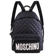【MOSCHINO】亮銀LOGO菱格尼龍雙拉鍊大旅用包後背包(黑)