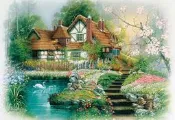 300-328 300片日本進口拼圖 繪畫風景 Andres Orpinas 天鵝湖 鄉村花香小屋