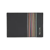 【Paul Smith】PAUL SMITH 燙字LOGO小牛皮彩色線條2卡開放式輕量卡夾(男款/黑)