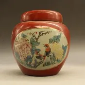 （可開發票/報價單）滿300出貨 居仁堂款紅釉花鳥蓋罐 古玩瓷器 古董 仿古瓷器收藏