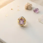 高品質 - 自然 S925 純銀電鍍 18K 金鑲嵌天然紫黃晶麥穗戒指
