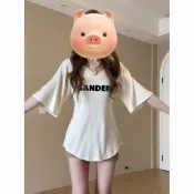五分袖T恤 收腰顯瘦短袖 緊身短袖 v領T恤 長版上衣 大尺碼女裝 簡約百搭印花T恤 白色t 夏季女裝