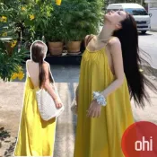 【ohi】法式溫柔超仙飄逸露背吊帶連身裙 海邊度假風 連身裙 長裙 中長款裙子 洋裝 連衣裙 女裝 GKD275