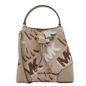 【Michael Kors】經典塗鴉LOGO拼接皮革兩用束口水桶包/手提/肩斜背包-奶茶