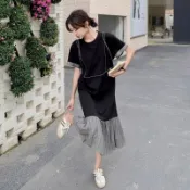 大尺碼V領顯瘦長洋裝 遮肉修飾 寬鬆垂墜裙擺 夏季冰涼透氣 及踝洋裝 胖mm韩版清新过膝连衣裙女孕妇遮肉宽松撞色拼接休闲