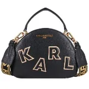 【KARL LAGERFELD 卡爾】老佛爺經典款 金字LOGO 手提/斜背/肩背 三用 寬背帶 半月包(經典黑)